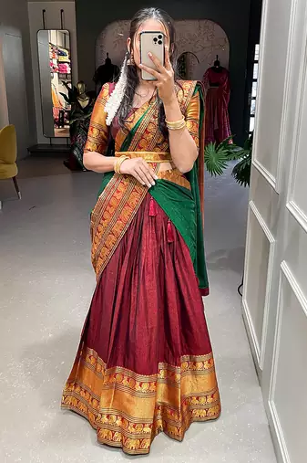maroon cotton zari weaving lehenga choli with dupatta