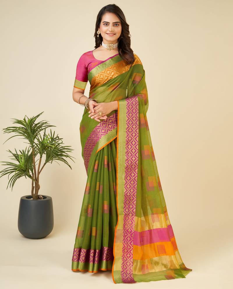 green woven semi cotton saree