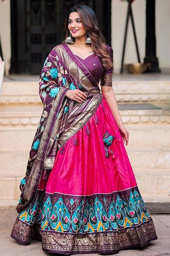 pink dola silk patola printed navratri wear lehenga choli