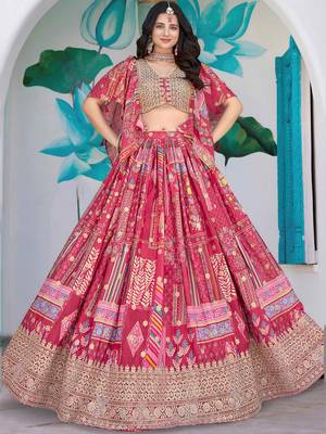 pink chinon thread embroidered lehenga set choli with dupatta 1