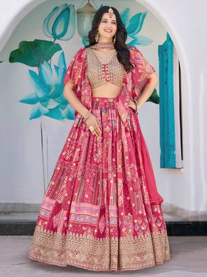 pink chinon thread embroidered lehenga set choli with dupatta 2