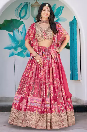 pink chinon thread embroidered lehenga set choli with dupatta