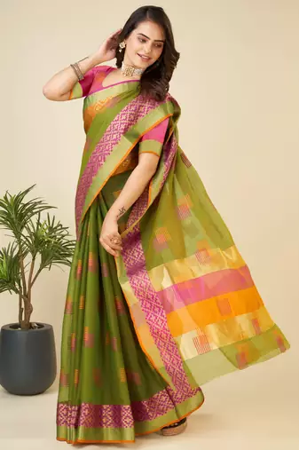 green woven semi cotton saree
