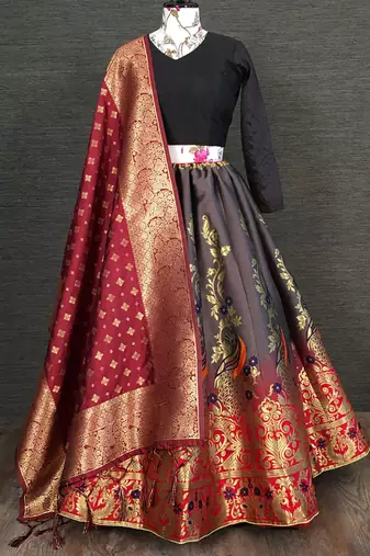 grey silk zari weaving festival wear lehenga choli
