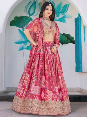 pink chinon thread embroidered lehenga set choli with dupatta 3
