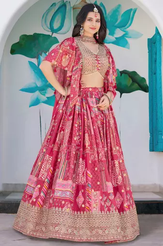pink chinon thread embroidered lehenga set choli with dupatta