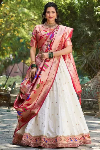 white jacquard silk zari work lehenga choli with dupatta