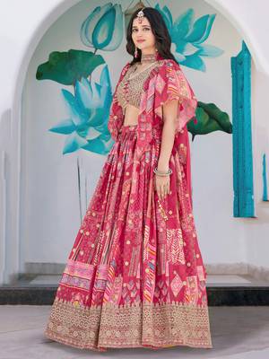 pink chinon thread embroidered lehenga set choli with dupatta 4