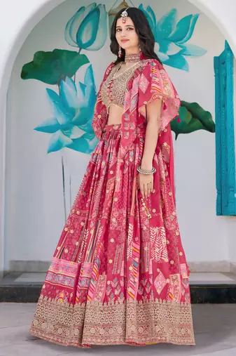 pink chinon thread embroidered lehenga set choli with dupatta