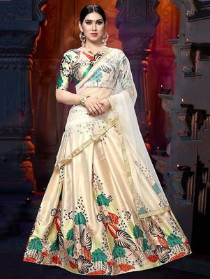 cream satin digital printed festival lehenga set choli with dupatta 1