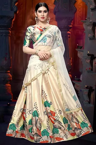 cream satin digital printed festival wear lehenga choli
