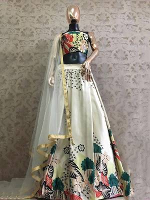 cream satin digital printed festival lehenga set choli with dupatta 2