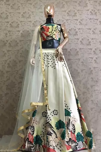 cream satin digital printed festival lehenga set choli with dupatta