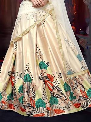 cream satin digital printed festival lehenga set choli with dupatta 3