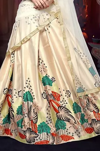 cream satin digital printed festival lehenga set choli with dupatta