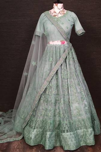 pista green net floral embroidered lehenga choli
