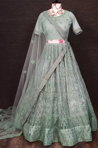 pista green net floral embroidered lehenga choli