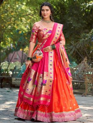 orange jacquard silk festival lehenga set choli with dupatta with dupatta 1