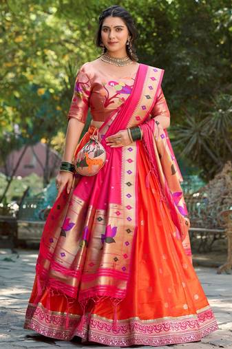 orange jacquard silk festival wear lehenga choli with dupatta