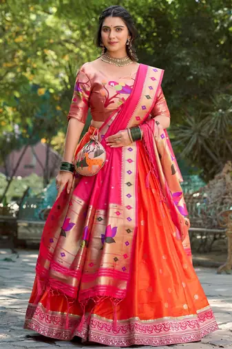 orange jacquard silk festival wear lehenga choli with dupatta