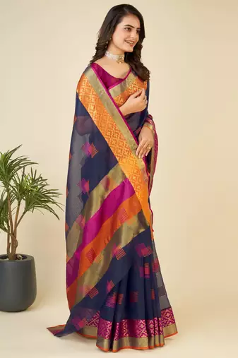 navy blue woven semi cotton saree