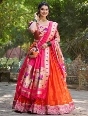 orange jacquard silk festival lehenga set choli with dupatta with dupatta 2