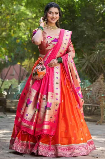 orange jacquard silk festival lehenga set choli with dupatta with dupatta