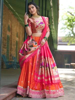 orange jacquard silk festival lehenga set choli with dupatta with dupatta 3