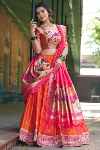 orange jacquard silk festival lehenga set choli with dupatta with dupatta