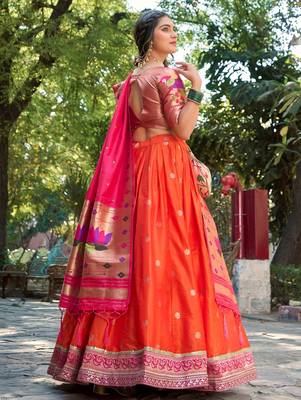 orange jacquard silk festival lehenga set choli with dupatta with dupatta 4