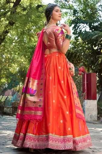 orange jacquard silk festival lehenga set choli with dupatta with dupatta