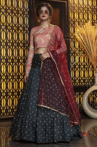 dark green zari weaving cotton lehenga choli with dupatta
