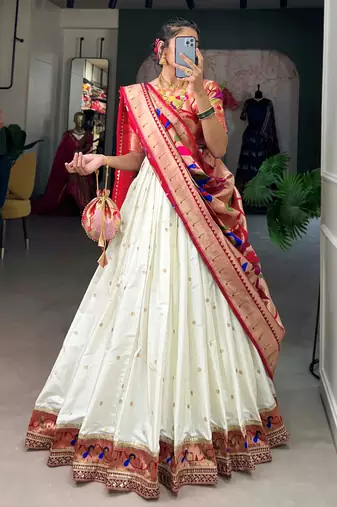 white zari weaving silk festival wear lehenga choli