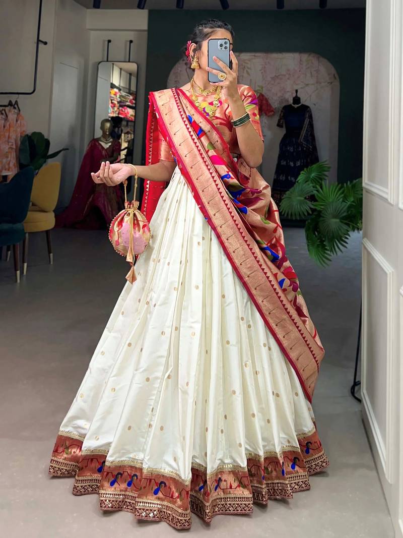 white zari weaving silk festival wear lehenga choli