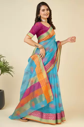 sky blue woven semi cotton saree