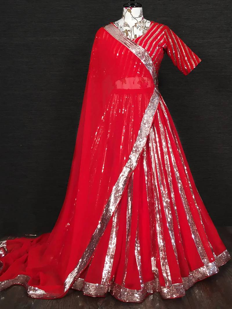 red georgette sequins party wear lehenga choli