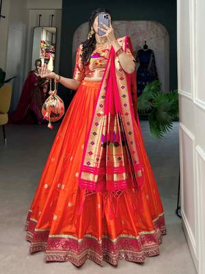 orange jacquard silk zari weaving lehenga set choli with dupatta with dupatta 1