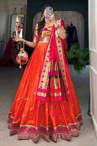 orange jacquard silk zari weaving lehenga choli with dupatta