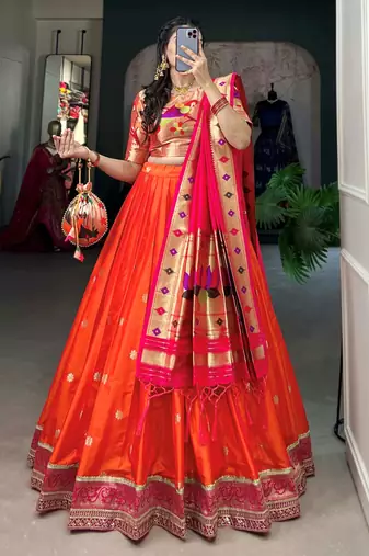orange jacquard silk zari weaving lehenga choli with dupatta