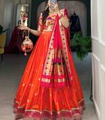 orange jacquard silk zari weaving lehenga choli with dupatta