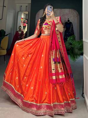 orange jacquard silk zari weaving lehenga set choli with dupatta with dupatta 2