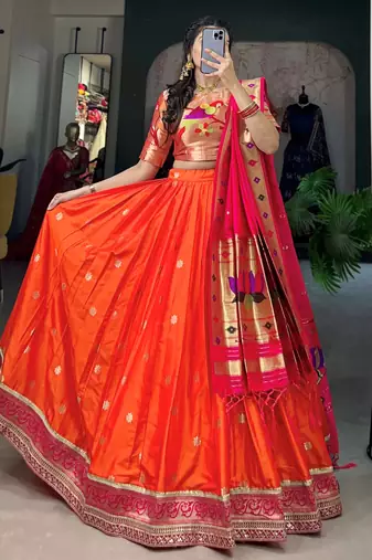orange jacquard silk zari weaving lehenga set choli with dupatta with dupatta