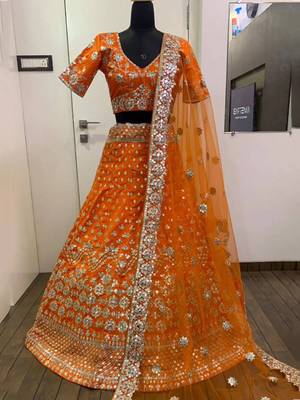 orange zari work silk lehenga set choli with dupatta with net dupatta 1