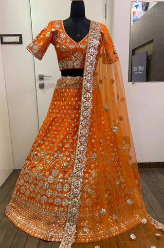 orange zari work silk lehenga choli with net dupatta