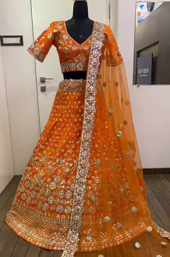 orange zari work silk lehenga choli with net dupatta