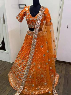 orange zari work silk lehenga set choli with dupatta with net dupatta 2
