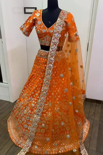 orange zari work silk lehenga set choli with dupatta with net dupatta