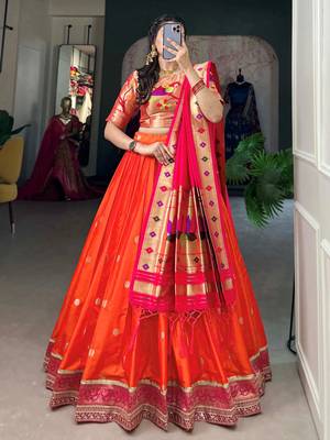 orange jacquard silk zari weaving lehenga set choli with dupatta with dupatta 3