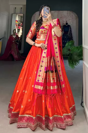orange jacquard silk zari weaving lehenga set choli with dupatta with dupatta