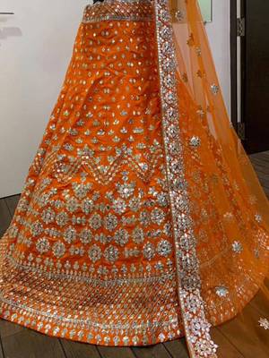 orange zari work silk lehenga set choli with dupatta with net dupatta 3